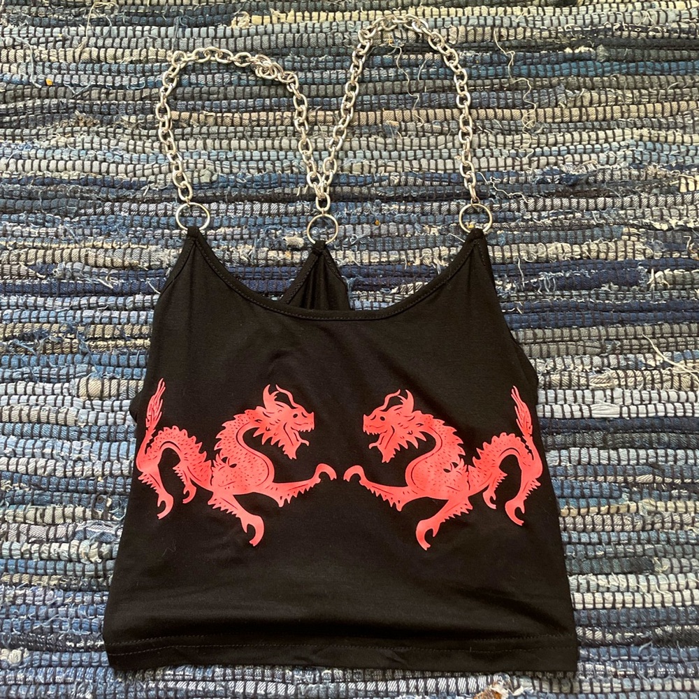 Dragon Cropped Tank Top with chains